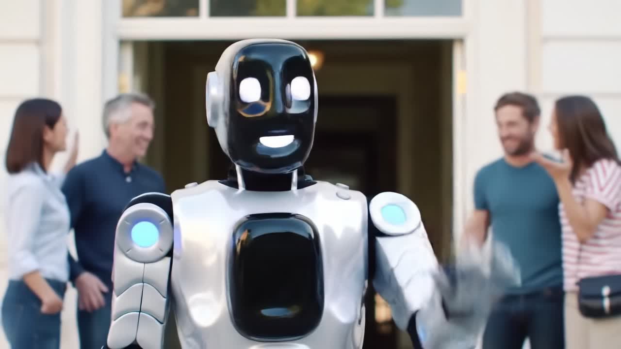 A Friendly Robot Engages with a Group of People, Showcasing Advanced Technology and the Future of Human-Robot Interaction in a Social Setting