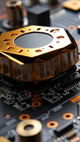 close-up of intricate electronic circuit board with golden components