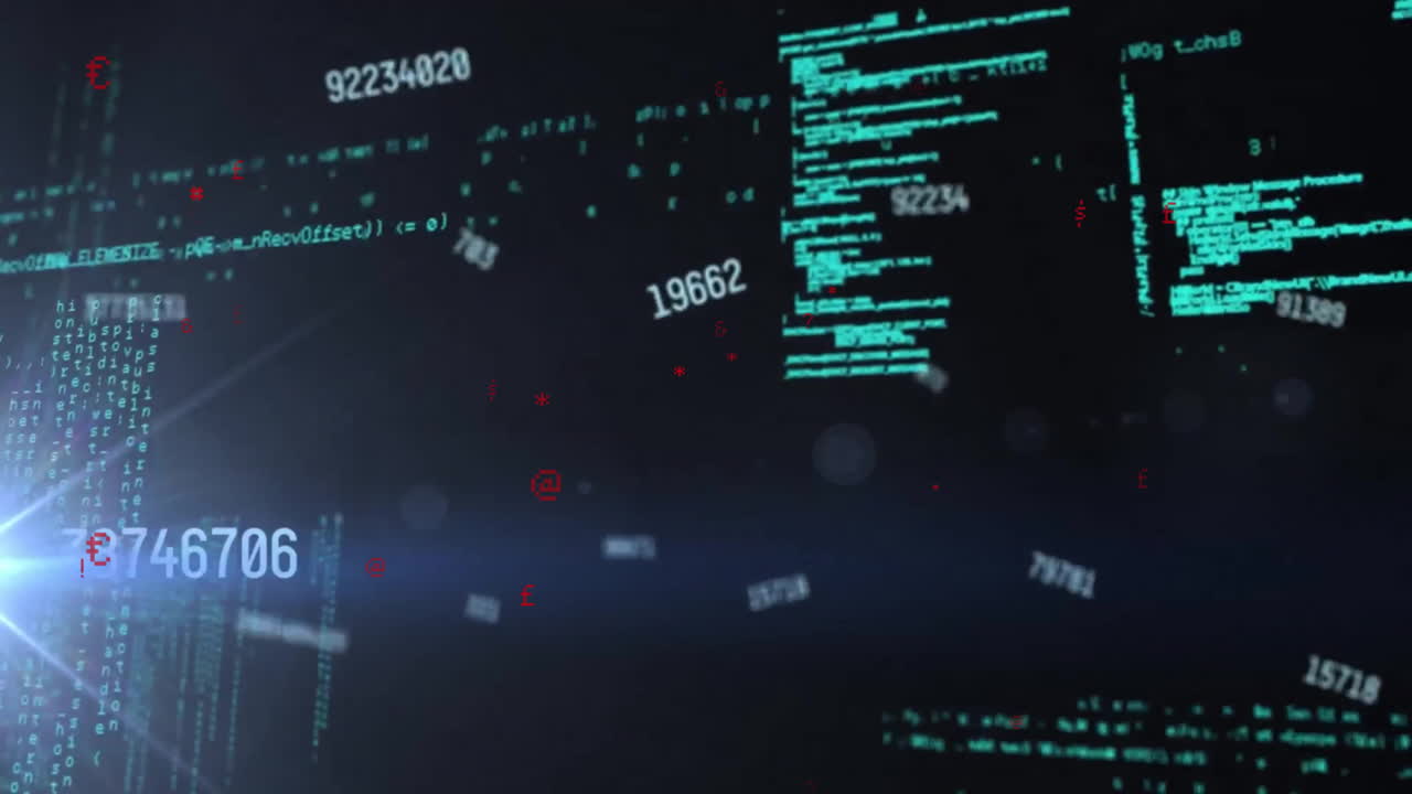 Animation of financial data processing over dark background