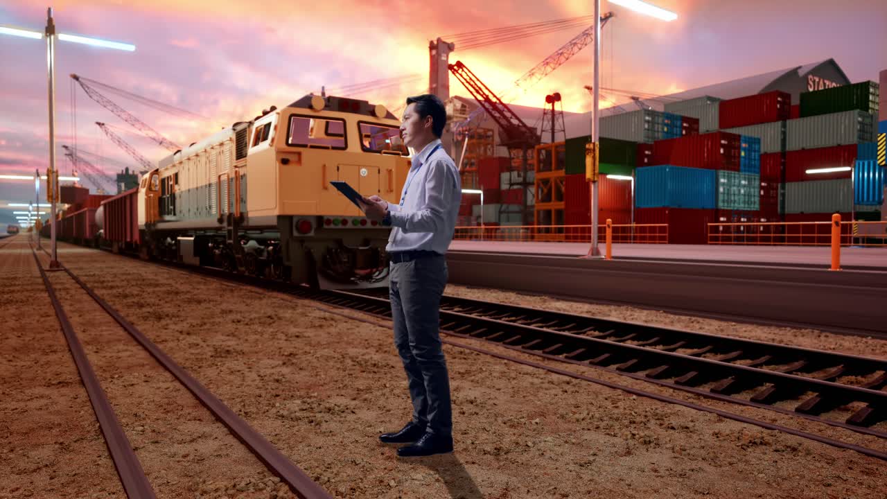 Full Body Of Asian Male Professional Worker Use Tablet With Freight Cargo Train At Port, He Observes By Looking Around Before He Come To Concentrating With His Tablet