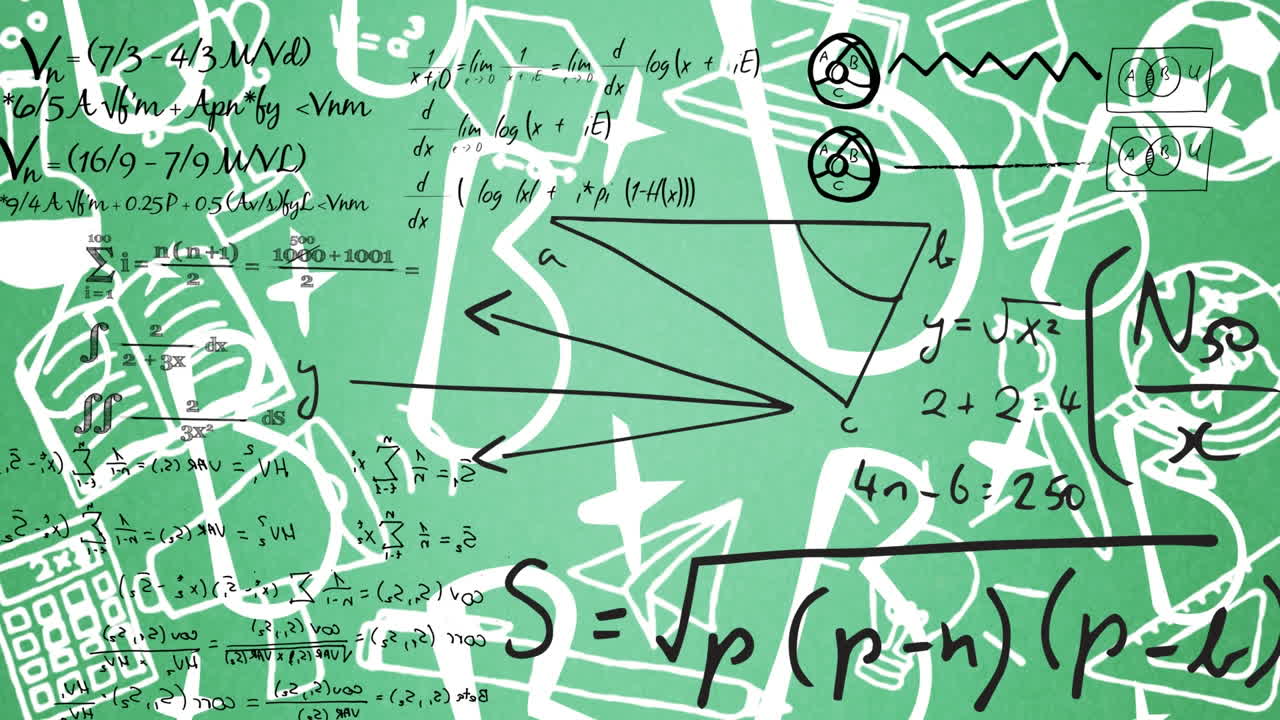 학교 개념 아이콘과 지구상의 텍스트에 대항하여 떠다니는 수학적 방정식