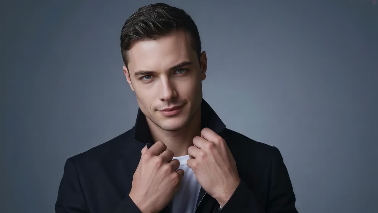 Recording starting, model gripping and adjusting dark jacket collar in studio, revealing calm smile