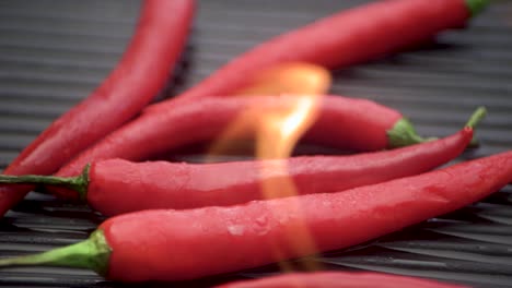Hot-flaming-chilli-peppers-on-barbecue-grill,-slow-motion-fire-flames,-close-up