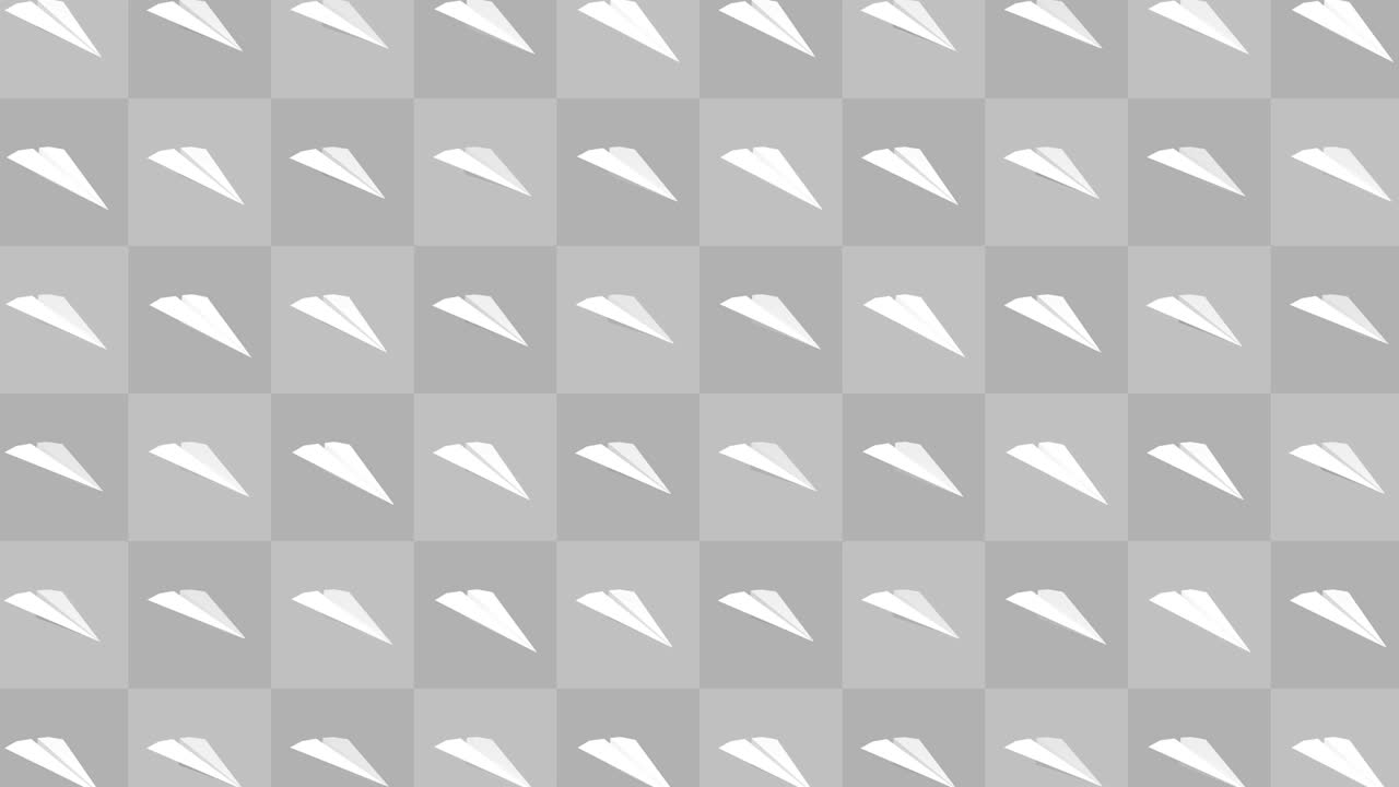 Handmade paper plane collection. Loop animation of flowing white paper plane on gray background. Business connection concept. Origami airplane flying.