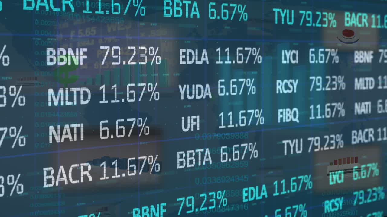 Digital animation of stock market and statistical data processing against blue background