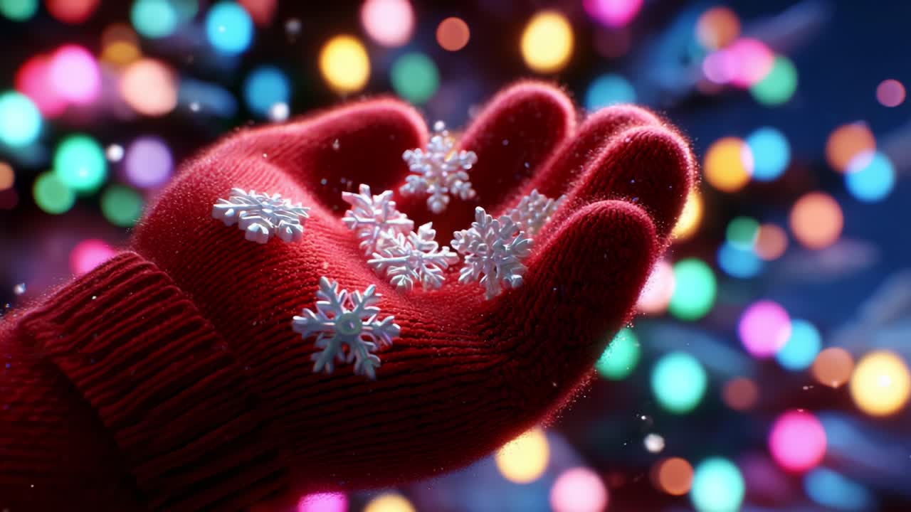 A Handful of Snowflakes: Capturing Winter Magic with a Red Mitten Against a Background of Colorful Holiday Lights and Soft Falling Snow, Evoking Feelings of Joy and Festivity in a Winter Wonderland