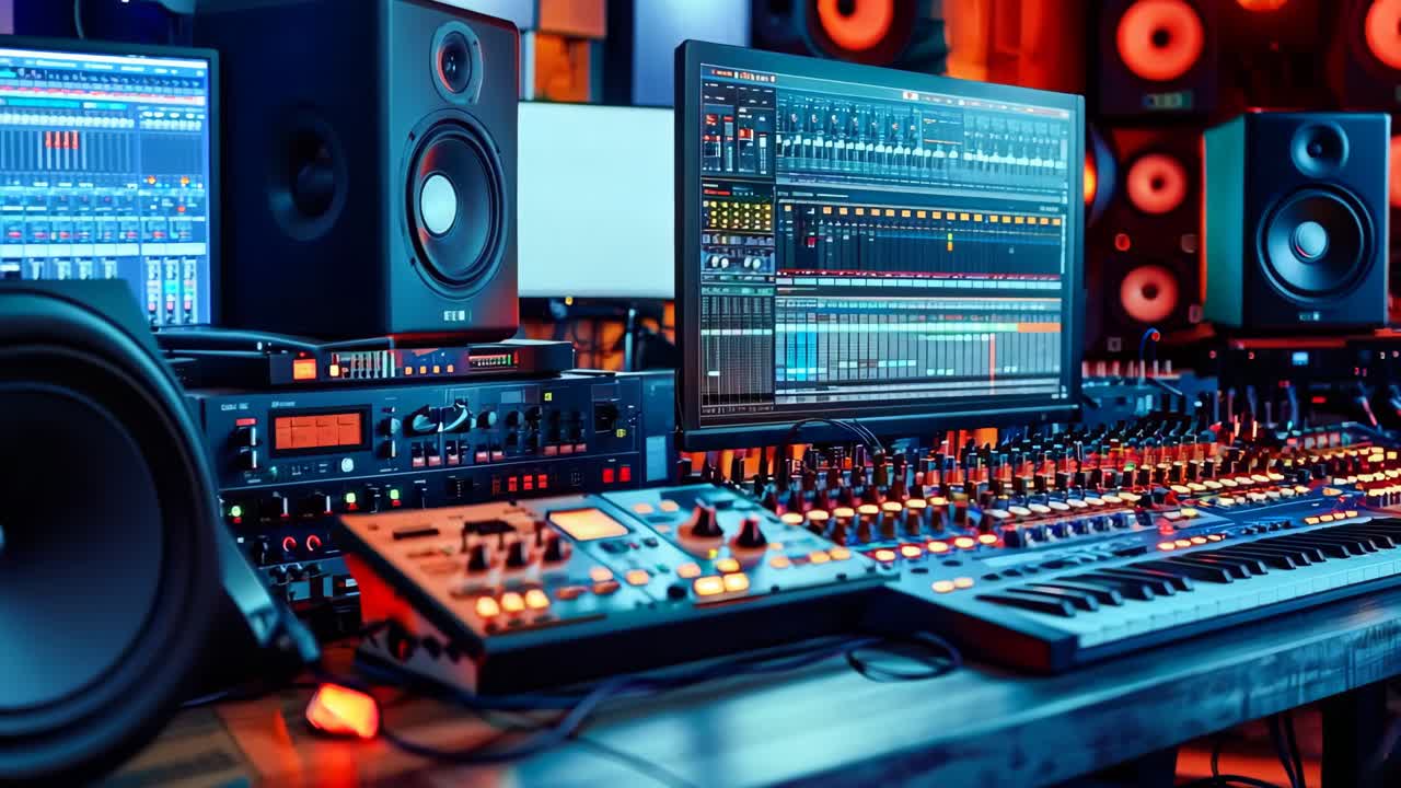 un escritorio con un teclado, monitores, altavoces y un teccado en él