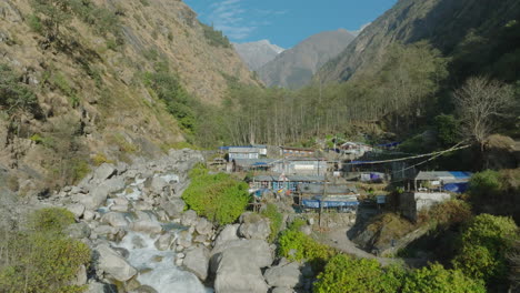 aerial shot of langtang national park nepal landscape of sherpa villages rivers and hills scene show lifestyle struggles nomadic adventure and trekking trails with mountain ranges and rural tea house