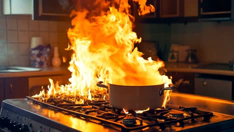 a pot on a stove with flames coming out of it