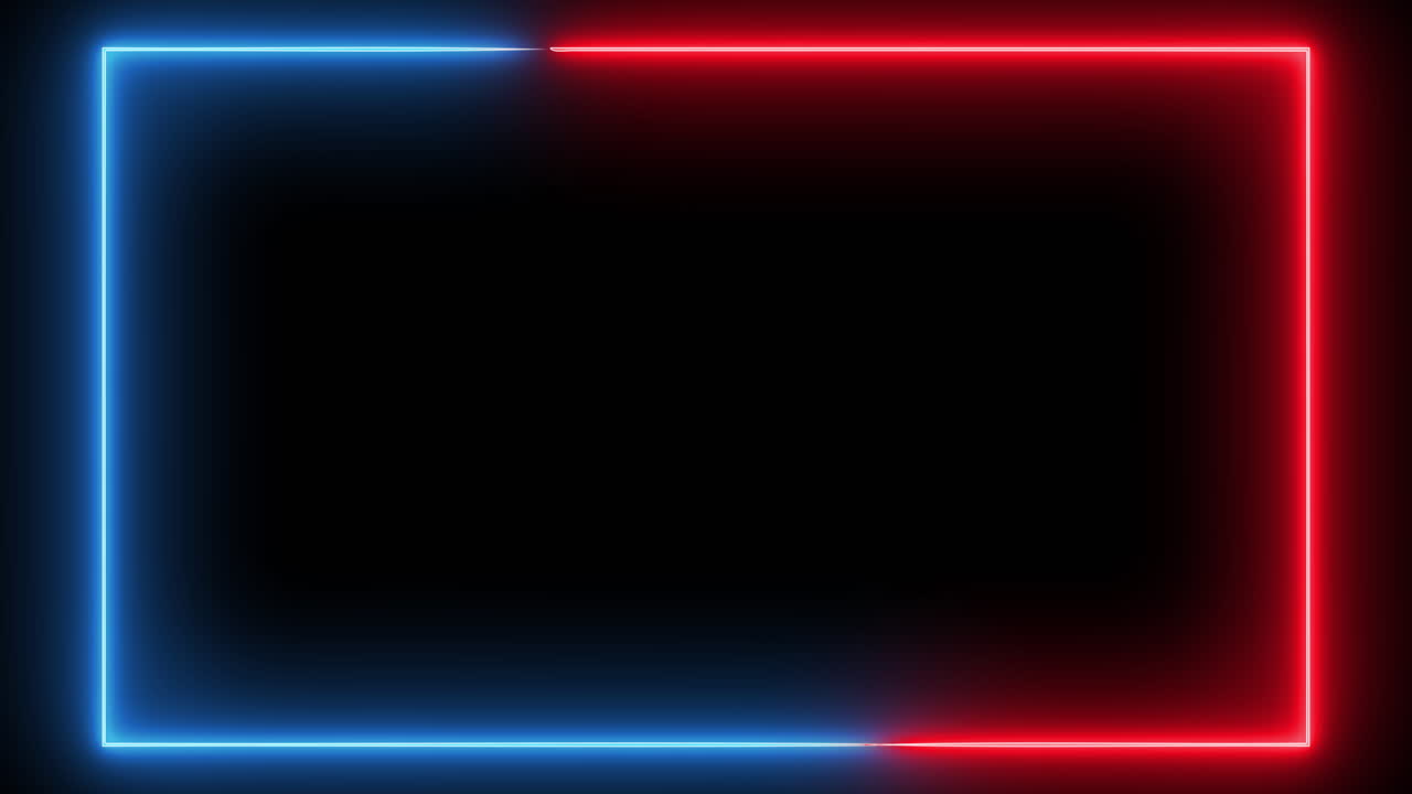 líneas azules y rojas de neón brillantes que viajan alrededor de una forma de rectángulo 4k