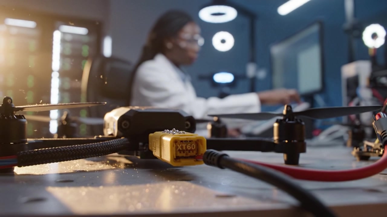 Un ingegnere concentrato analizza la tecnologia dei droni in un laboratorio moderno, mostrando attrezzature e innovazione nell'entusiasmante campo dell'aeronautica e della robotica.