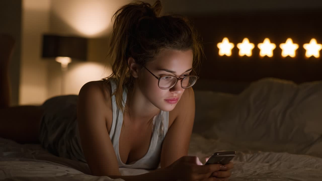 Una giovane donna assorta nel suo telefono di notte, illuminata dalla luce calda di un arredamento da notte stellata, che mette in mostra un'atmosfera accogliente e invitante
