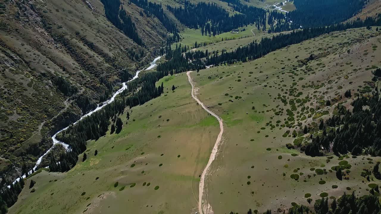 Aerial, Kyrgyzstan nature, river water, valley pass, wilderness woodland