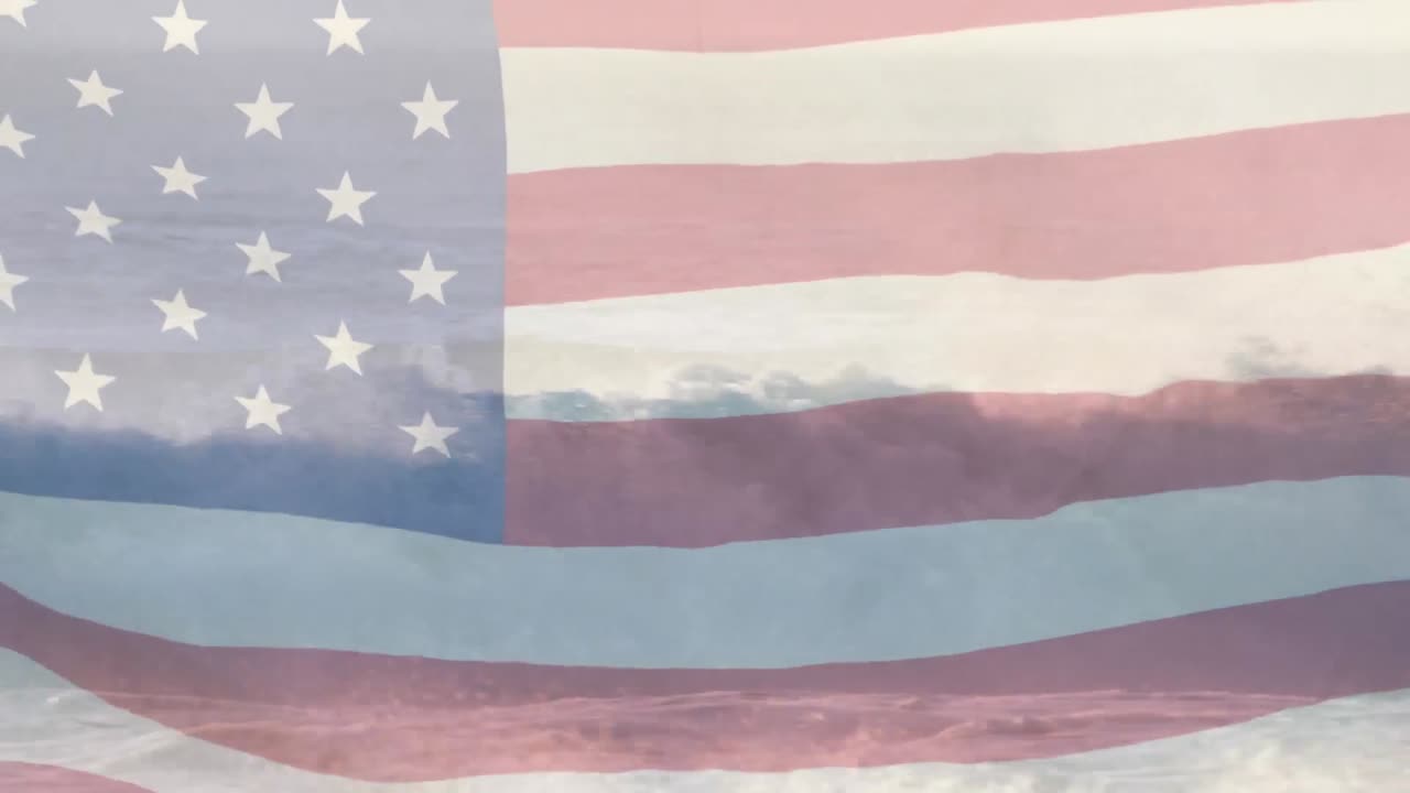 composición digital de agitarnos la bandera contra las olas en el mar