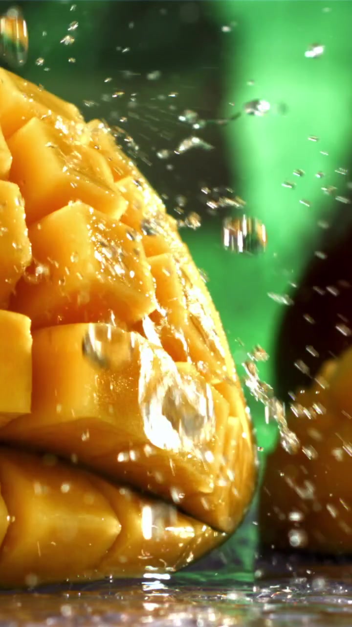 Schizzi d'acqua su mango appena tagliato al rallentatore