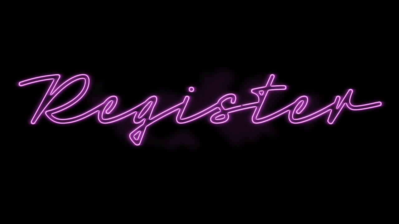 Animazione del testo "register" al neon tremolante su sfondo nero.