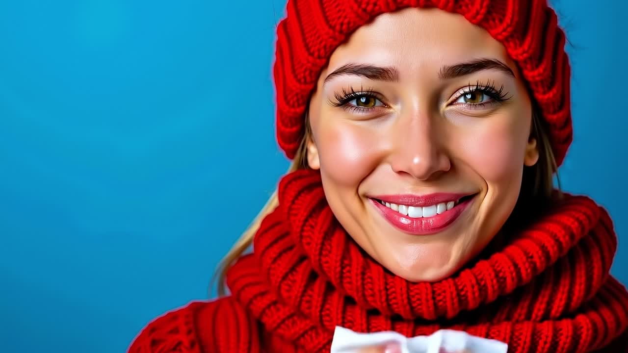 A woman in a red hat and scarf blowing her nose with a tissue