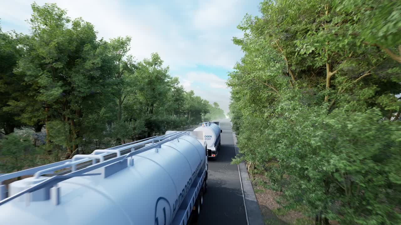 Hydrogen Logistics Concept. Truck With Gas Tank Trailer On The Road Lined