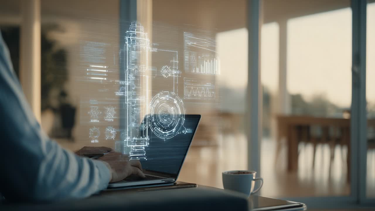 A Person Engaged in Advanced Data Analysis with Futuristic Holographic Projections Displayed on a Laptop in a Modern Workspace Setting