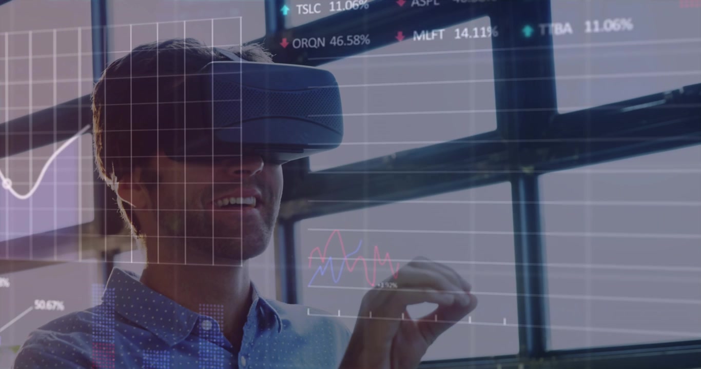 Animation of data processing over caucasian man using vr headset