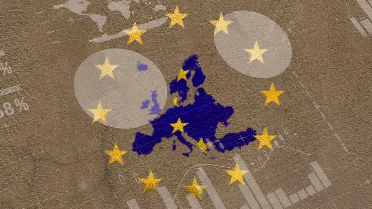 animación del procesamiento de datos financieros y bandera de la unión europea