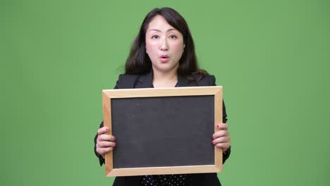 mature beautiful asian businesswoman looking shocked while showing blackboard