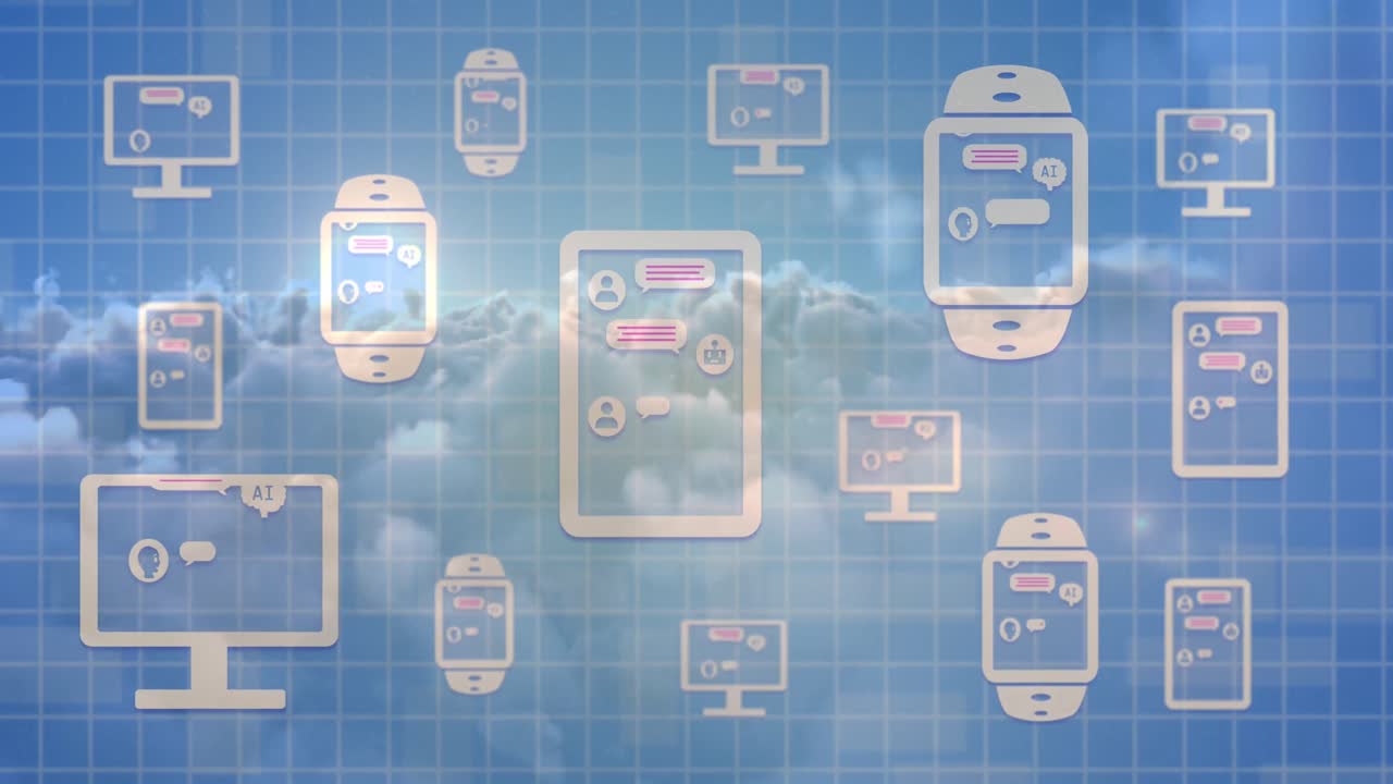 클라우드 상의 전자 장치에서 온라인 ai 채팅 처리를 보여주는 데스크 ⁇ 의 애니메이션