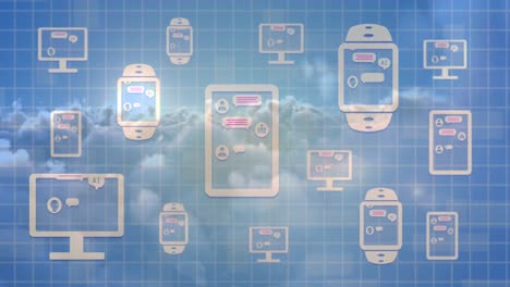 Animation of desktop showing online ai chat processing on electronic devices over clouds