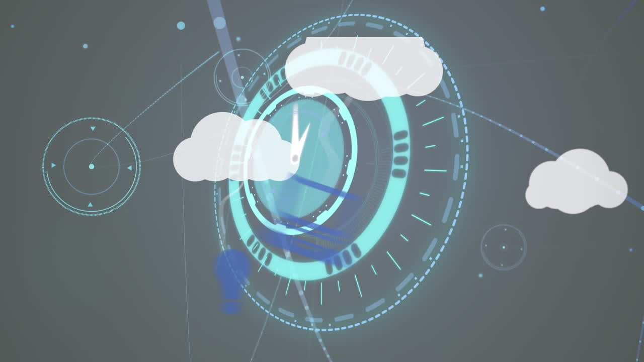 Animation of clock moving fast over digital clouds and network of connections