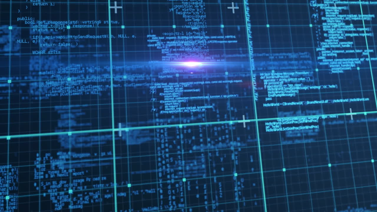Animation of light trails over data processing on black background
