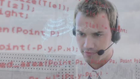 animación del globo y procesamiento de datos sobre hombre de negocios usando auriculares de teléfono