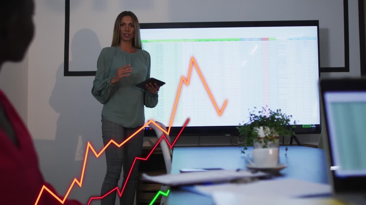 Animation of increasing graphs over diverse female giving presentation to coworkers in office
