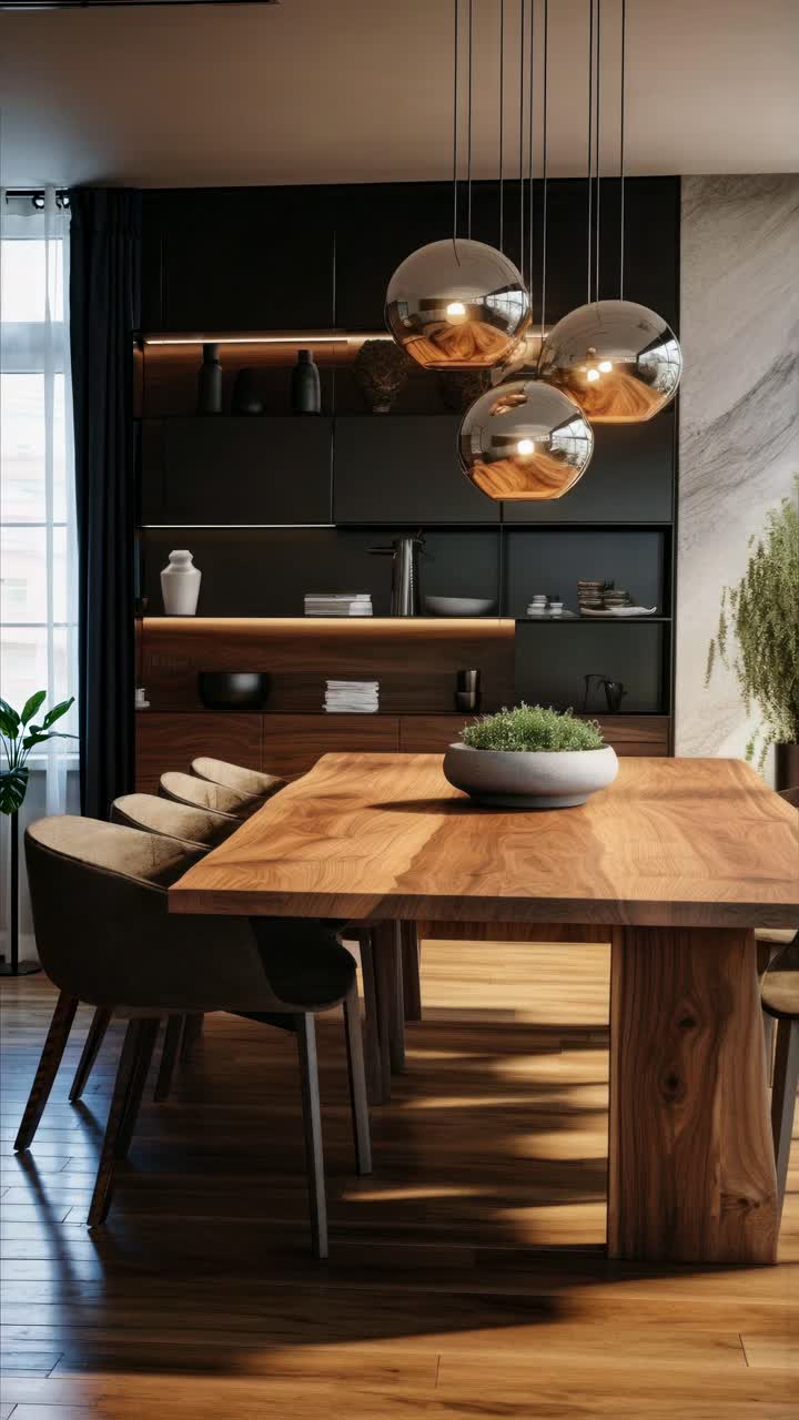Modern dining room with wooden table and chairs, shot from a low angle