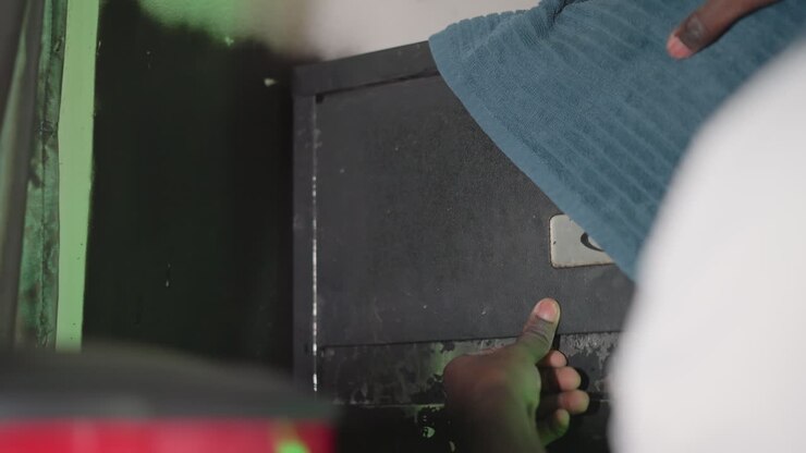 Close-up of person in white shirt reaching up to place blue cloth in storage cabinet with worn surface in dimly lit room. Hand carefully adjusts cloth, focusing on organization and tidiness