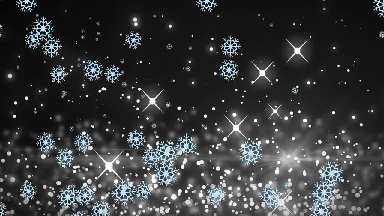 Animation of snowflakes over light spots on black background