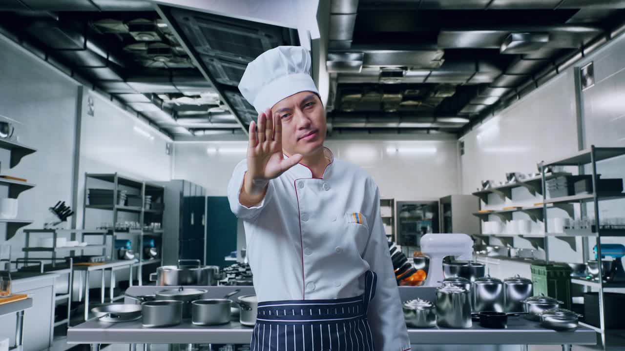 Asian Man Chef Looking At Camera And Disapproving With No Hand Sign In Kitchen