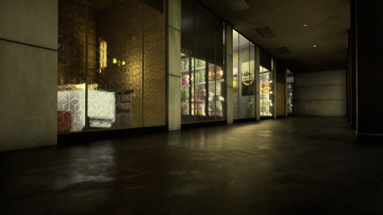 Lighting highlights storefronts in a dimly lit urban corridor at night