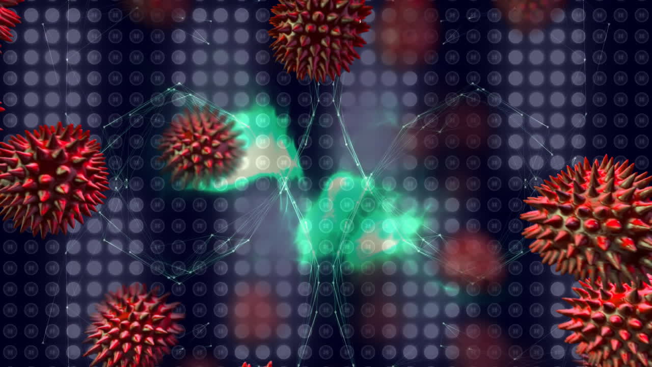 Floating red virus particles over digital network with glowing green animation shapes