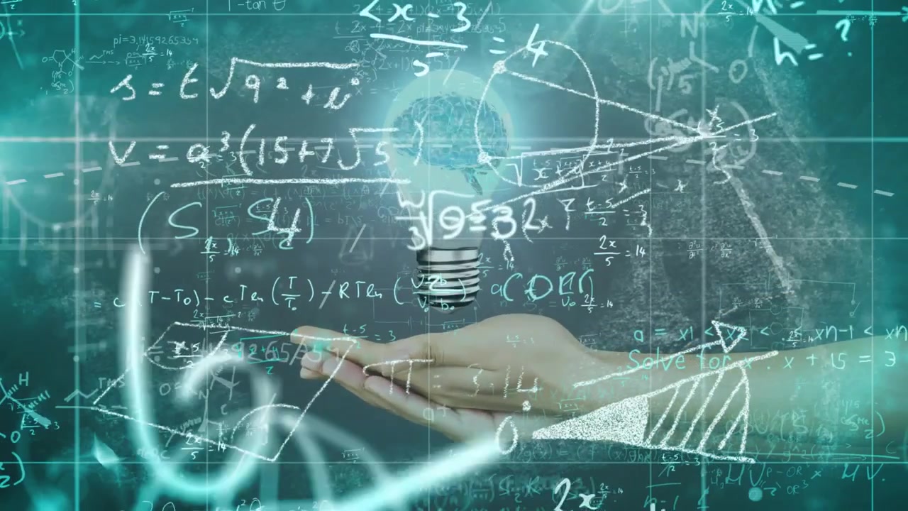Teal grid emerging triggers cupped hands supporting lightbulb with glowing brain, driving learning