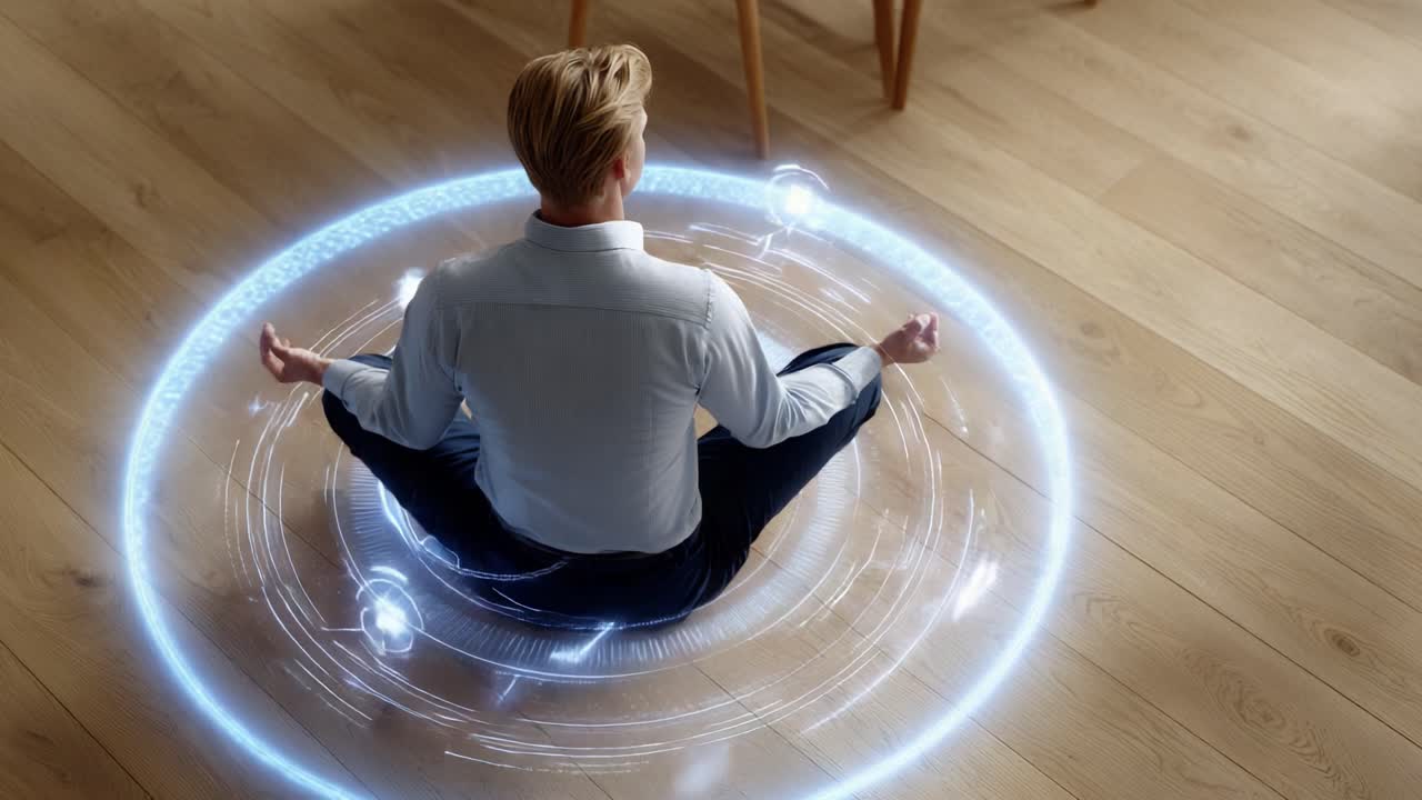 A serene individual practices meditation in a minimalist space, surrounded by a glowing halo of digital energy, showcasing a fusion of mindfulness and technology
