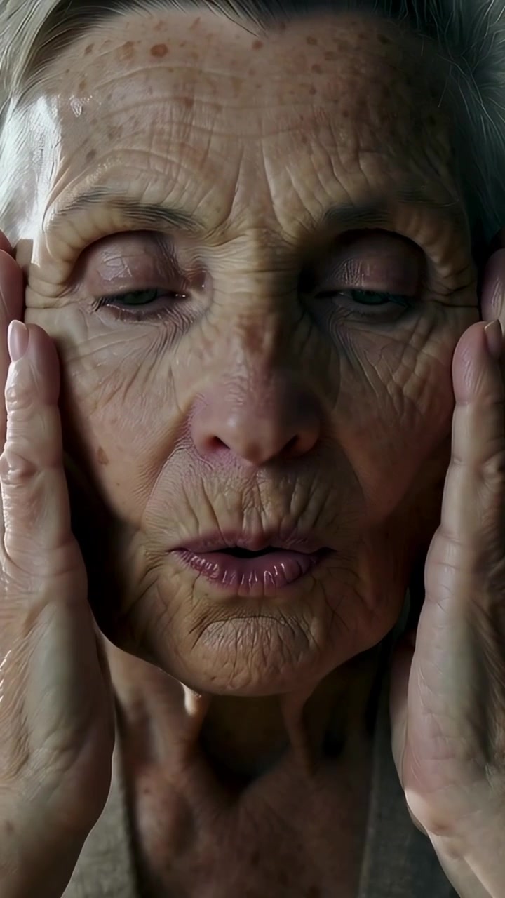 Vídeo vertical: Mulher com tigela salpicada cobrindo o rosto durante tratamento facial em uma mesa, vestindo cardigã