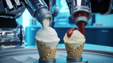 Two perfectly scooped ice cream cones are created using an advanced machine in a lively café. The atmosphere is colorful, highlighting the efficiency of the equipment and the joy of dessert.