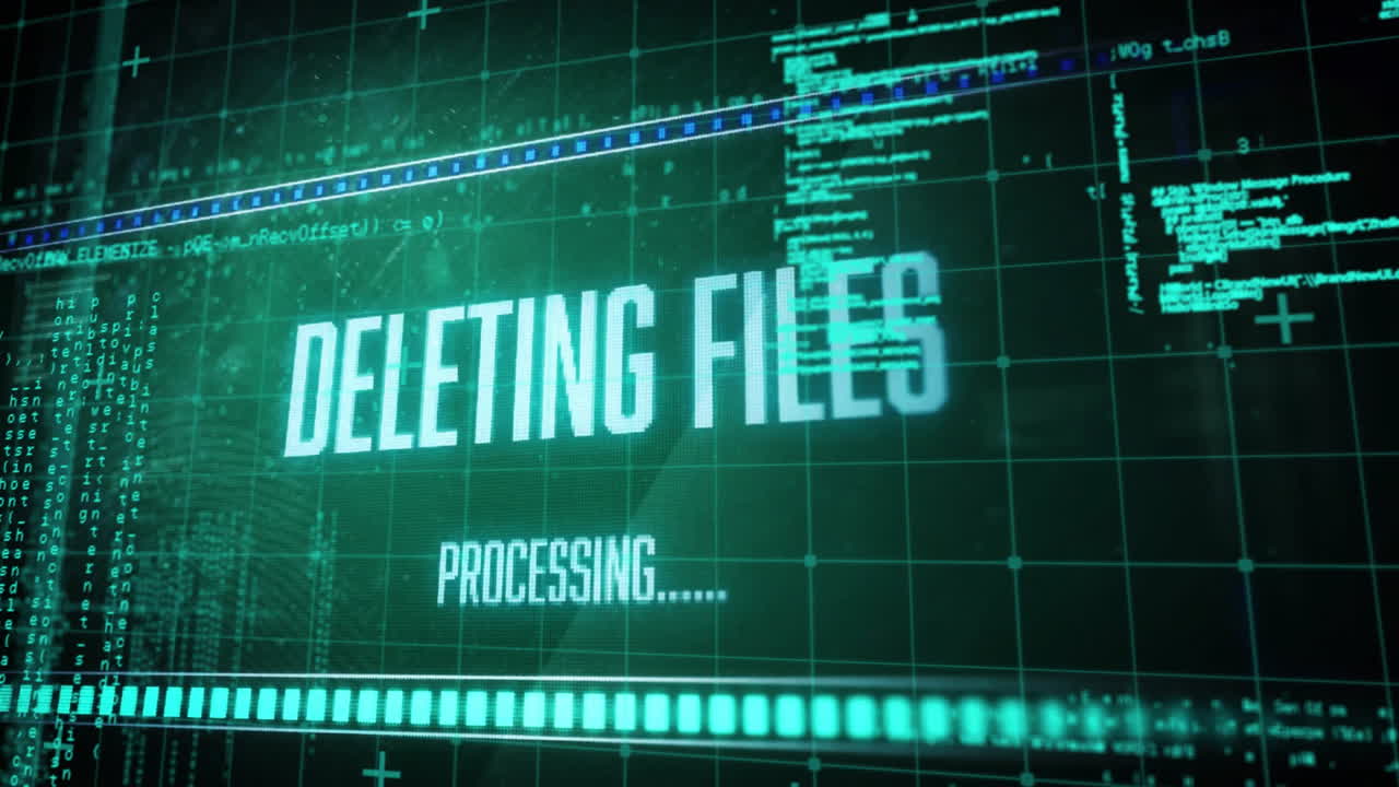 Animation of deleting files and data processing on black background