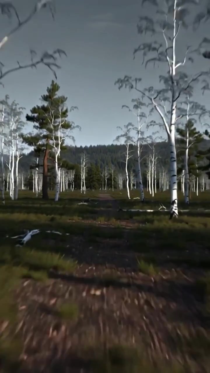 Vertical video: Starting low, camera moving through white-barked grove on dirt path, passing logs