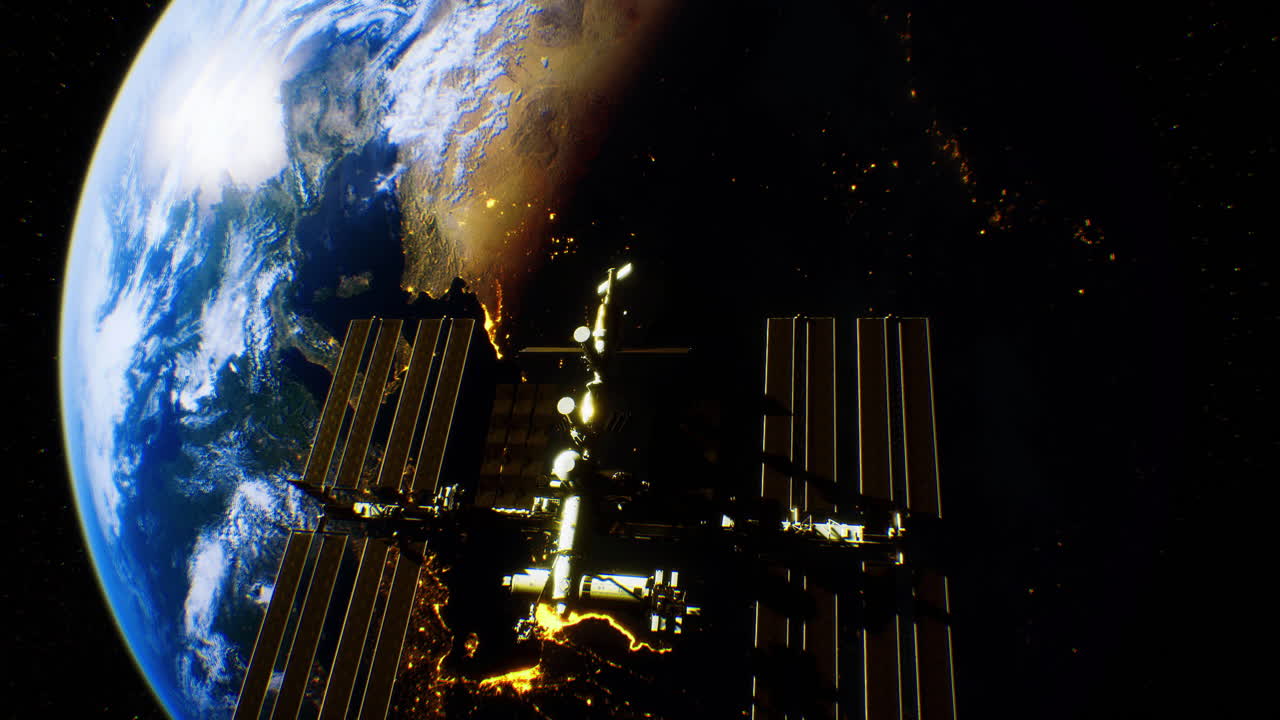 международная космическая станция вращается вокруг земли с марсом на заднем плане ночью