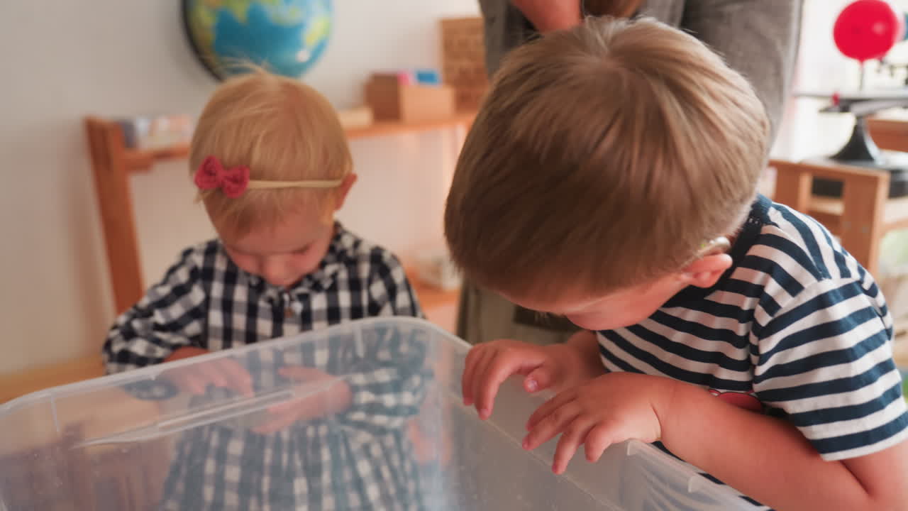 Close up of curious kids peering into transparent container during indoor activity, boy in striped shirt with hearing aid and girl with bow headband focused on observation, guided by adult figure