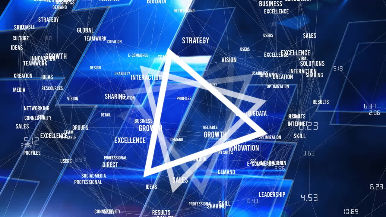 파란색 바탕에 회전하는 삼각형으로 연결된 네트워크의 애니메이션