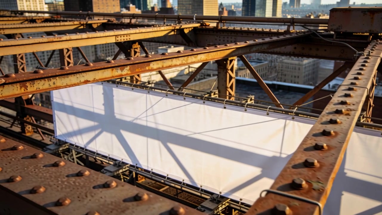 Panning camera showing rusted truss beams and white panel at rooftop to reveal shadows and skyline