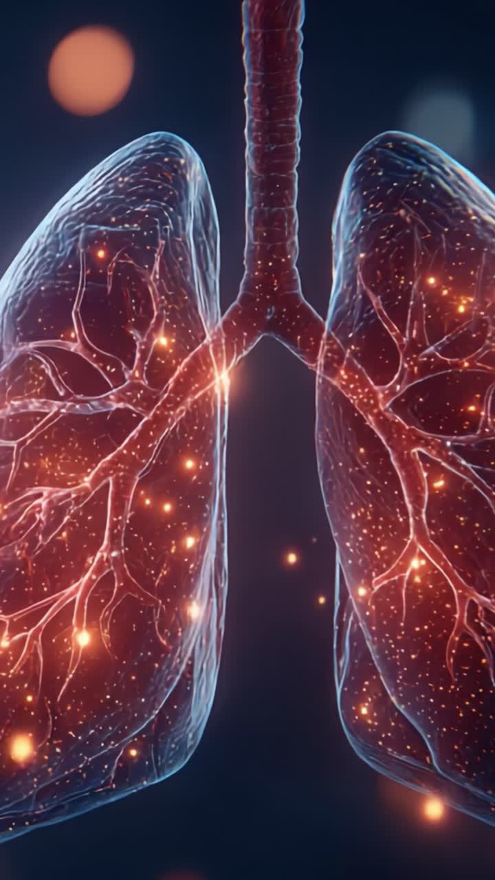 Una visualizzazione complessa dei polmoni umani illuminati da particelle luminose, che mostra la struttura complessa e la funzionalità del sistema respiratorio in modo incredibilmente dettagliato