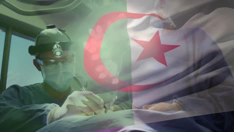 Animación-De-La-Bandera-De-Argelia-Ondeando-Sobre-Los-Cirujanos-En-El-Quirófano.